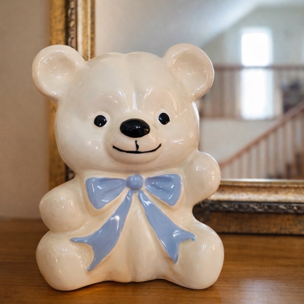 Ceramic Bear planter with Blue Bow
